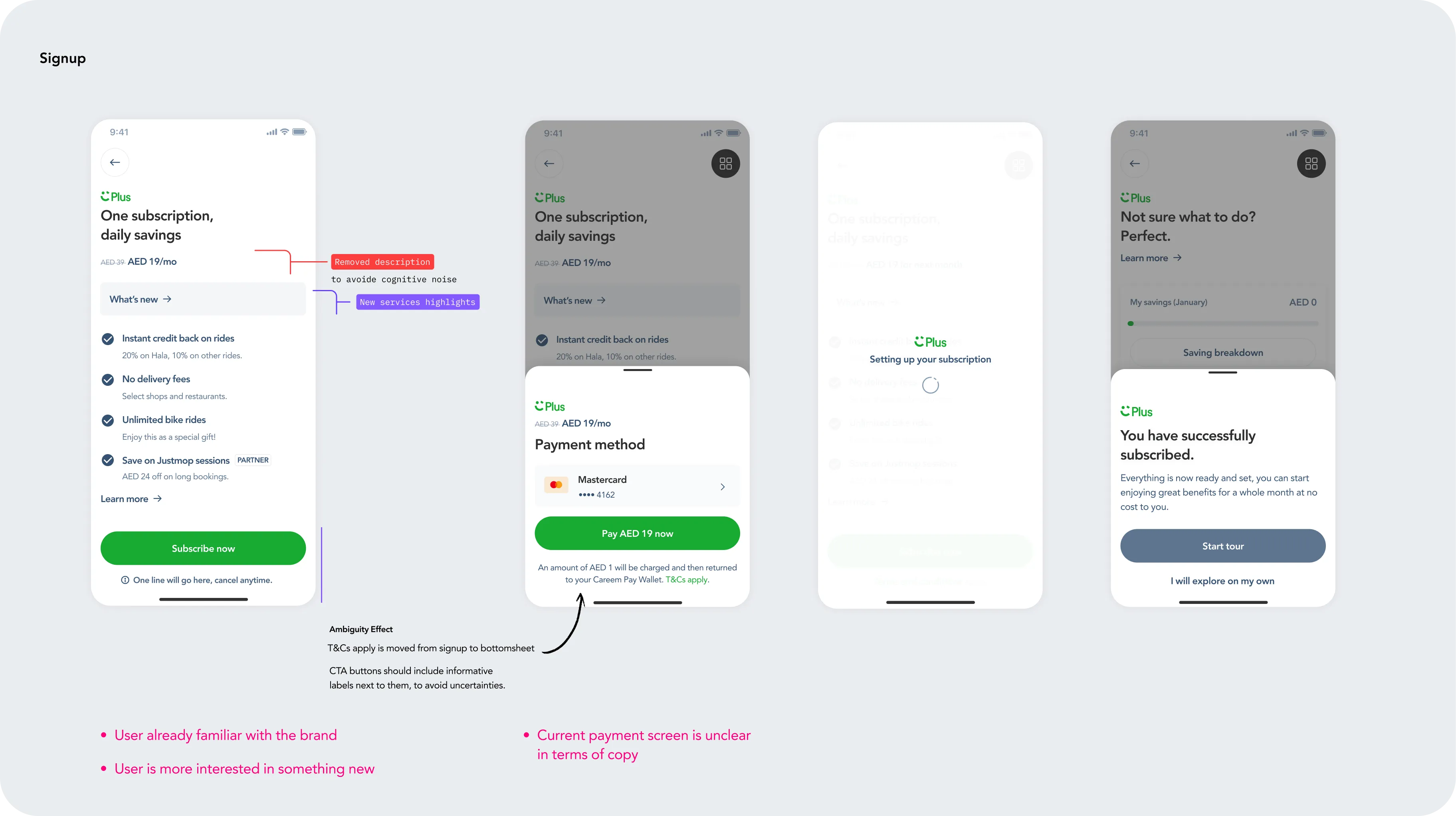 Refined sign-up flow with benefits, payment method, clear price and confirmation