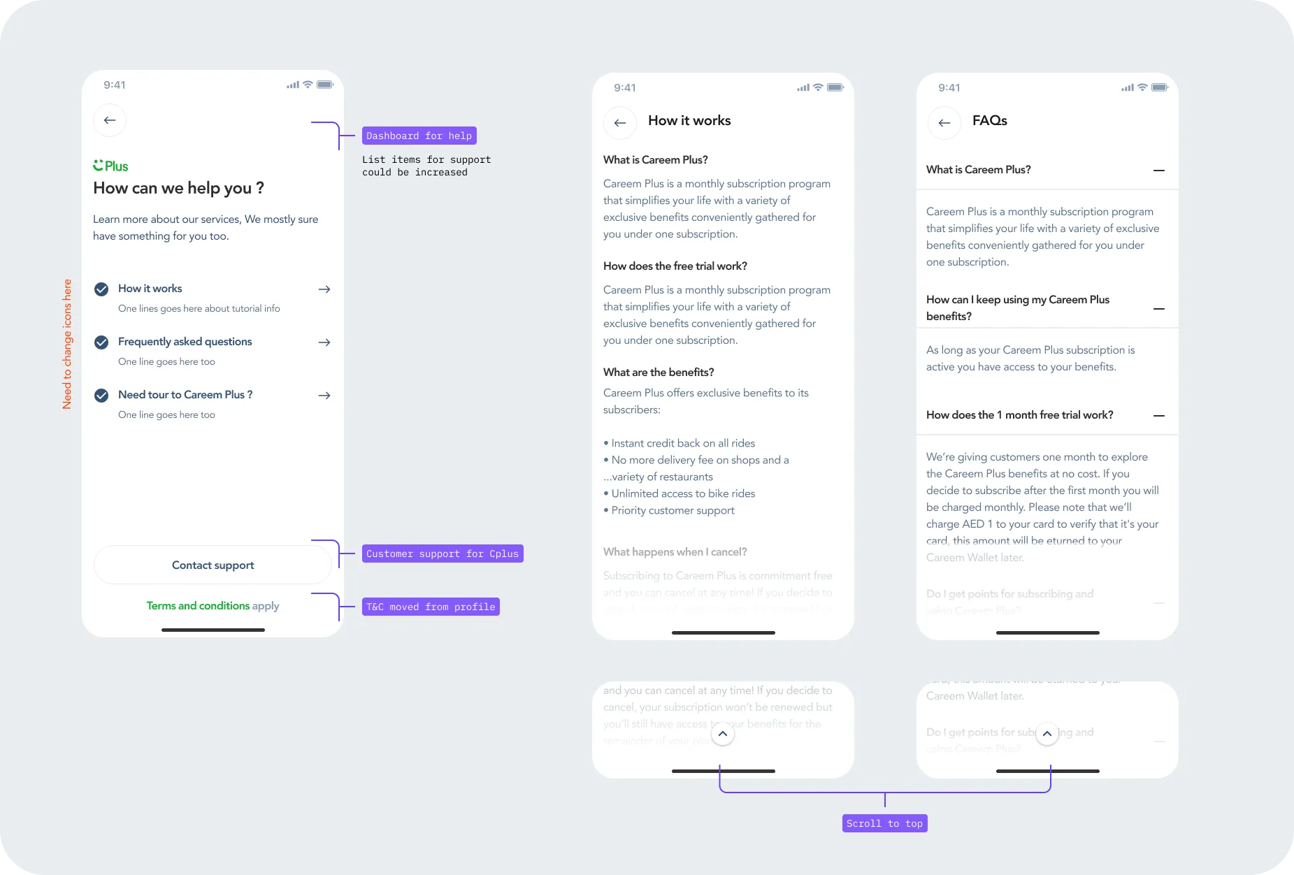 Careem Plus help centre, how it works and FAQ screens
