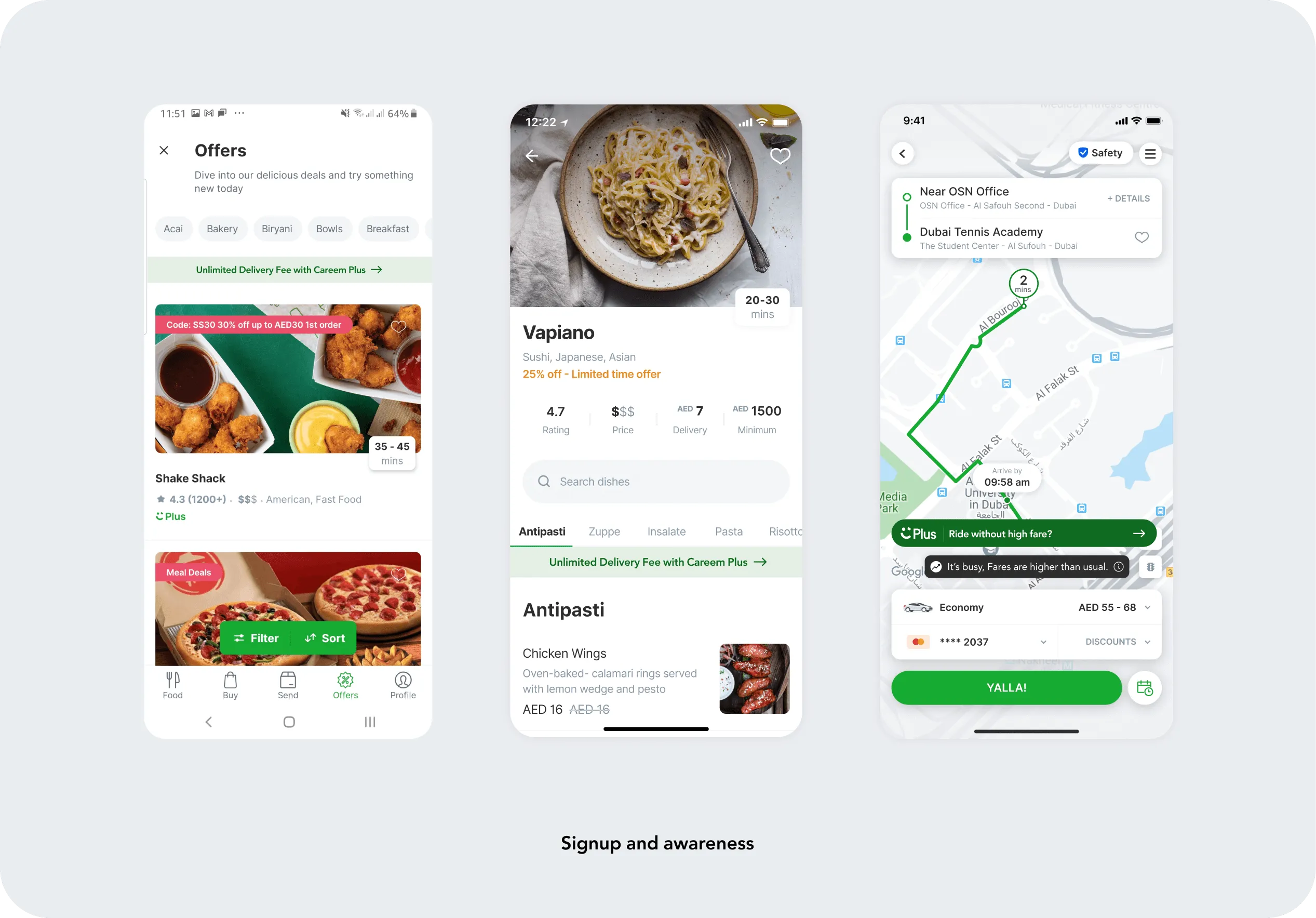 Careem Plus benefit messages inside food offers, restaurant details and ride booking