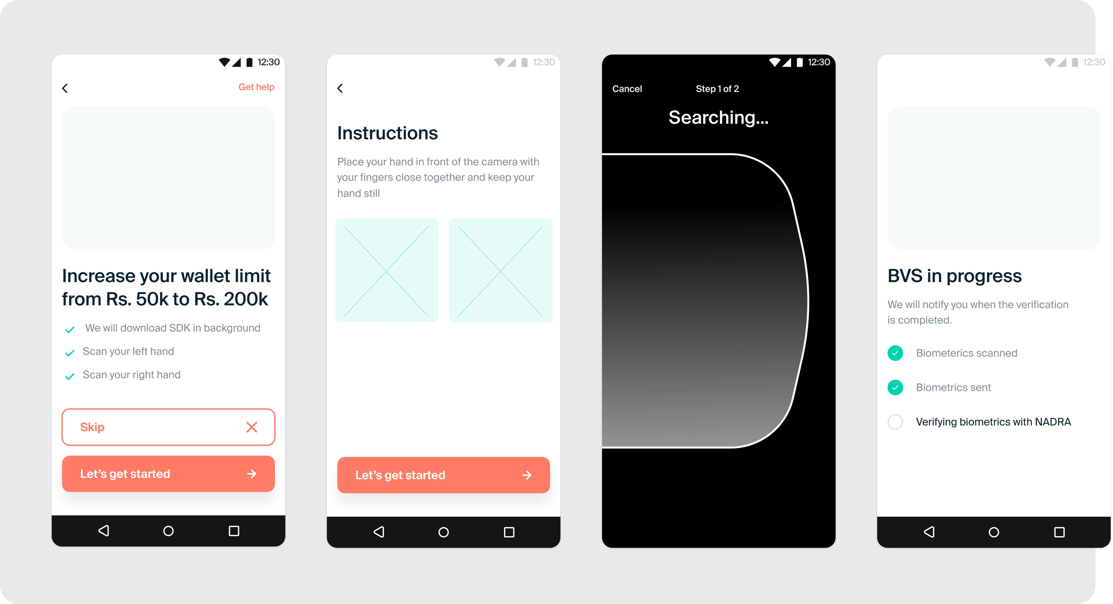 Early BVS interface exploration showing onboarding, scanning and progress states